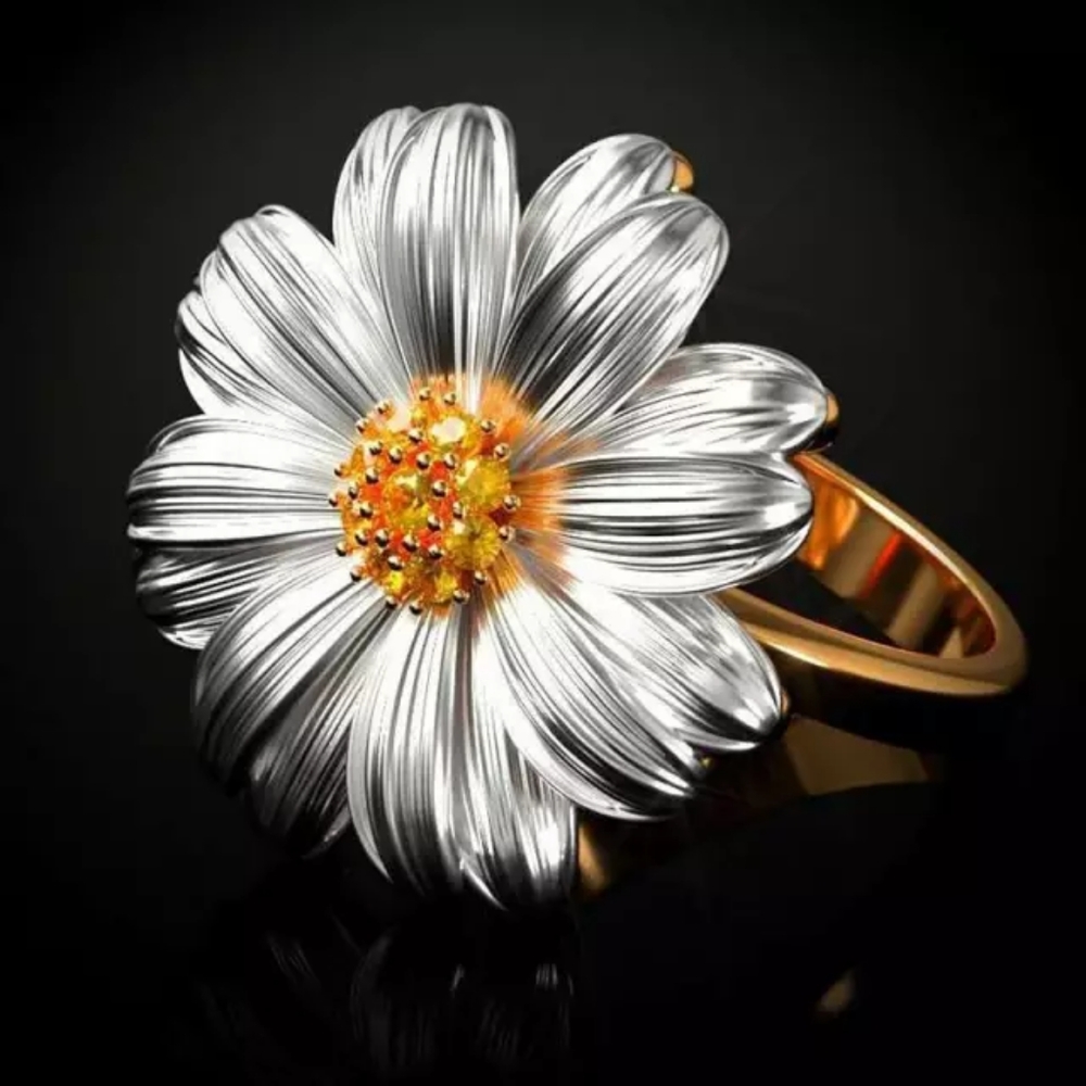 New Two Tone Sweet Flower Orange Zircon Ring 💍